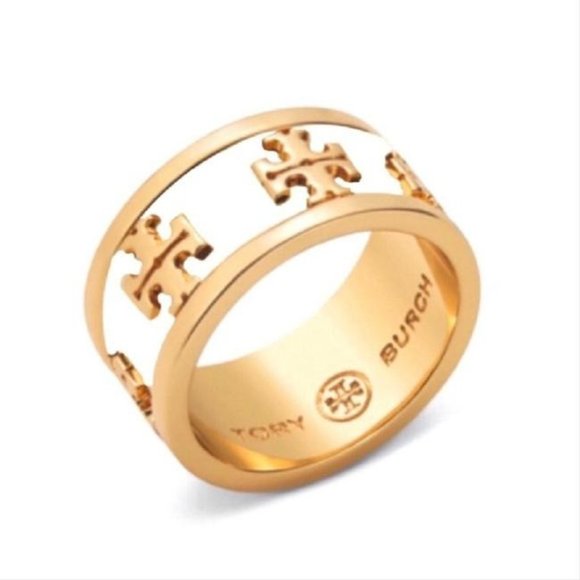 Tory Burch White Enamel Raised Logo Ring Size 8 - Picture 2 of 3